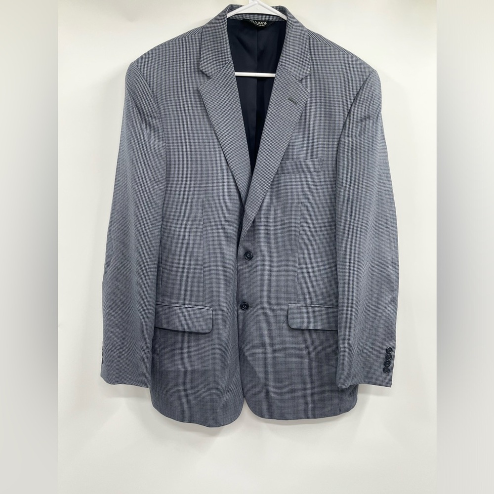 Mens Jos A Bank Blue Gray Houndstooth Wool Suit Jacket Sport Coat Size 41 L